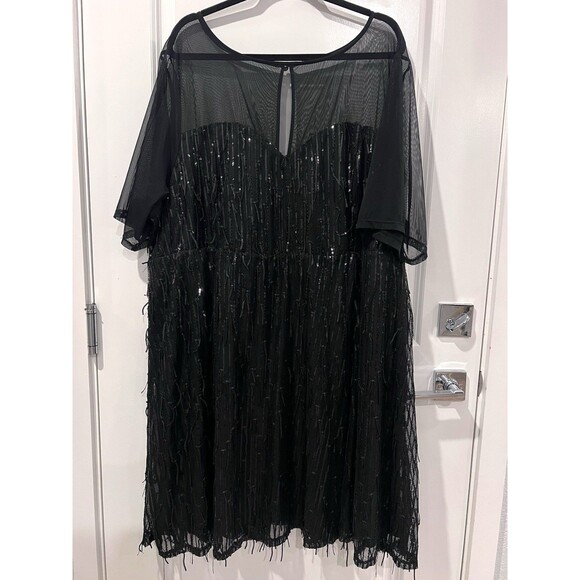 Torrid Illusion Sleeve Skater Dress Sequin Fringe Black Flapper Midi Size 28 - Picture 5 of 15
